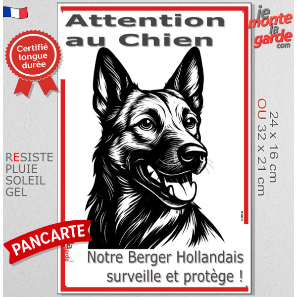 Plaque portail verticale "Attention au Chien, notre Berger Hollandais surveille et protège" dessin stylisé noir et blanc