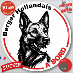 Berger Hollandais, sticker autocollant rond "Chien à Bord" disque adhésif vitre voiture résiste intempéries