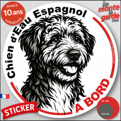 Chien d'Eau Espagnol, sticker autocollant rond "Chien à Bord" disque adhésif vitre voiture résiste intempéries