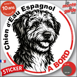 Chien d'Eau Espagnol, sticker autocollant rond "Chien à Bord" disque adhésif vitre voiture, résiste pluie soleil gel, idée cadea