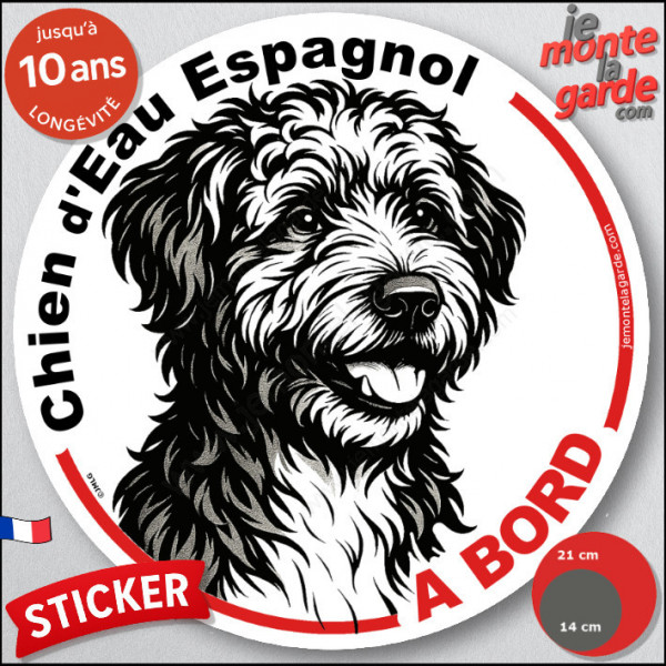 Chien d'Eau Espagnol, sticker autocollant rond "Chien à Bord" disque adhésif vitre voiture résiste intempéries