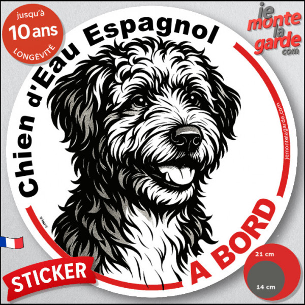 Chien d'Eau Espagnol, sticker autocollant rond "Chien à Bord" disque adhésif vitre voiture, résiste pluie soleil gel, idée cadea Chien d'Eau Espagnol, sticker autocollant rond "Chien à Bord" disque adhésif vitre voiture, résiste pluie soleil gel, idée cadea