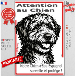 Plaque portail verticale "Attention au Chien, notre Chien d'Eau Espagnol surveille et protège" dessin stylisé noir et blanc
