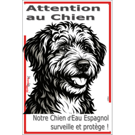 Plaque portail verticale "Attention au Chien, notre Chien d'Eau Espagnol surveille et protège" SEO sans calque