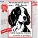 Plaque portail verticale "Attention au Chien, notre Epagneul Français surveille et protège" dessin stylisé noir et blanc