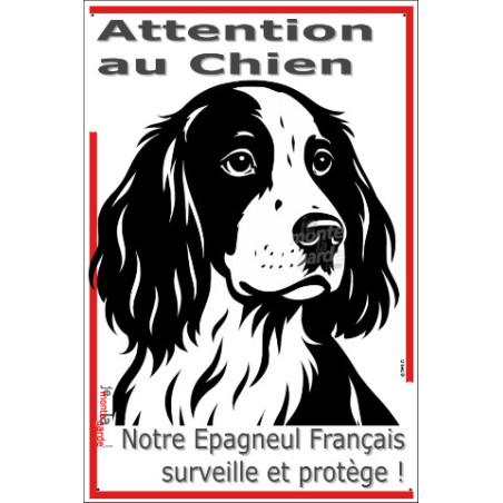 Plaque portail verticale "Attention au Chien, notre Epagneul Français surveille et protège" dessin SEO sans calque