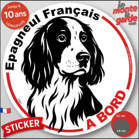 Disque autocollant voiture "Epagneul Français à Bord" noir et blanc 2 tailles D