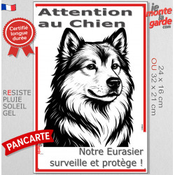 Plaque portail verticale "Attention au Chien, notre Eurasier surveille et protège" dessin stylisé noir, résiste intempéries