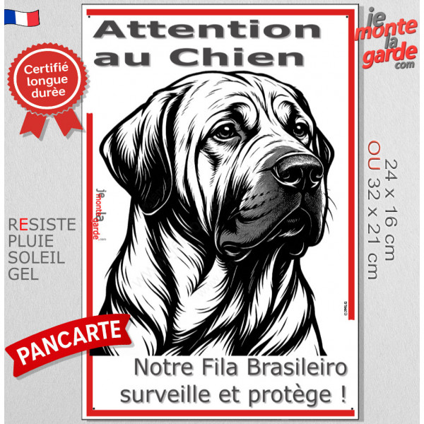 Plaque portail verticale "Attention au Chien, notre Fila Brasileiro surveille et protège" dessin stylisé noir et blanc