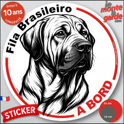 Fila Brasileiro, sticker autocollant rond "Chien à Bord" disque adhésif vitre voiture résiste intempéries