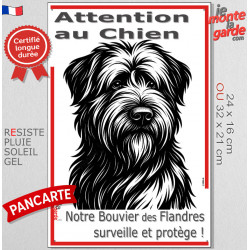 Plaque portail verticale "Attention au Chien, notre Bouvier des Flandres surveille et protège" dessin stylisé noir et blanc