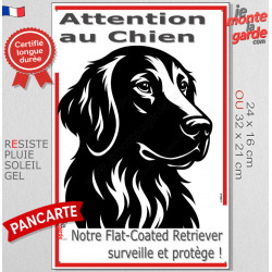 Plaque portail verticale "Attention au Chien, notre Flat-Coated Retriever surveille et protège" dessin stylisé noir et blanc