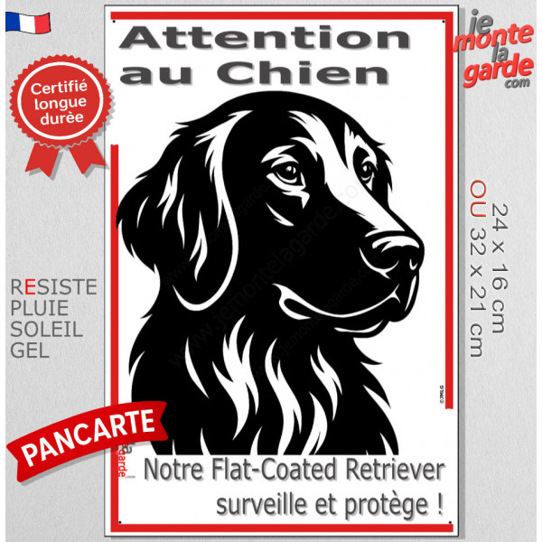 Plaque portail verticale "Attention au Chien, notre Flat-Coated Retriever surveille et protège" dessin stylisé noir et blanc
