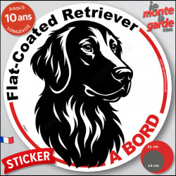 Flat-Coated Retriever, sticker autocollant rond "Chien à Bord" disque adhésif vitre voiture résiste intempéries