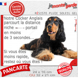 Cocker Anglais Noir et Feu couché, Plaque humour "parcourt distance niche-portail 3 secondes" photo résiste intempéries