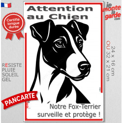 Plaque portail verticale "Attention au Chien, notre Fox-Terrier à poils lisses surveille et protège" dessin stylisé, résiste