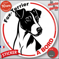 Fox-Terrier à poils lisses, sticker autocollant rond "Chien à Bord" disque adhésif vitre voiture résiste intempéries