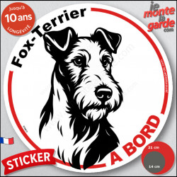 Fox-Terrier à poils durs, sticker autocollant rond "Chien à Bord" disque adhésif vitre voiture résiste intempéries