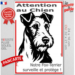 Plaque portail verticale "Attention au Chien, notre Fox-Terrier à poils durs surveille et protège" dessin stylisé noir et blanc