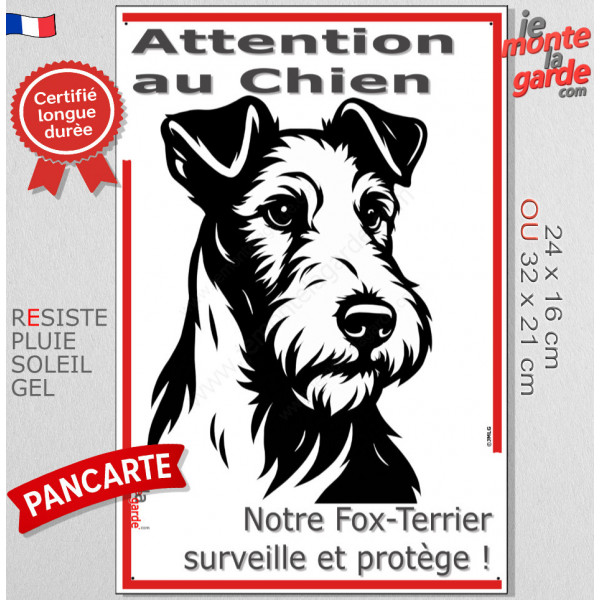 Plaque portail verticale "Attention au Chien, notre Fox-Terrier à poils durs surveille et protège" dessin stylisé noir et blanc