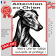Plaque portail verticale "Attention au Chien, notre Lévrier Galgo Espagnol surveille et protège" dessin stylisé noir et blanc
