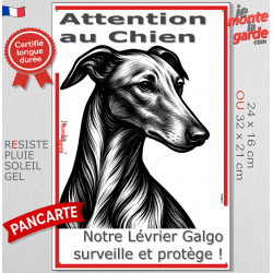 Plaque portail verticale "Attention au Chien, notre Lévrier Galgo Espagnol surveille et protège" dessin stylisé noir et blanc