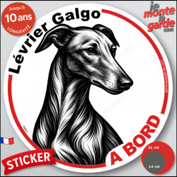 Lévrier Galgo Espagnol, sticker autocollant rond "Chien à Bord" disque adhésif vitre voiture résiste intempéries