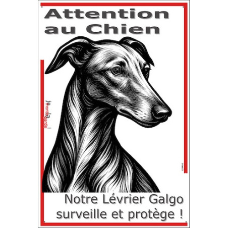 Plaque portail verticale "Attention au Chien, notre Lévrier Galgo Espagnol surveille et protège" dessin SEO sans calque