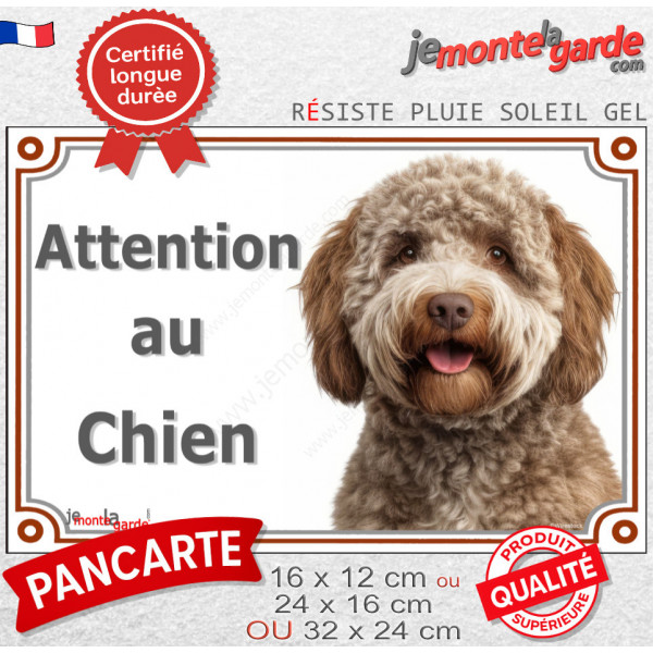Lagotto Romagnolo brun, plaque portail extérieure "Attention au Chien" photo chien d'eau Romagole, résiste intempéries