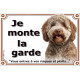 Lagotto Romagnolo brun, plaque portail extérieure "Je Monte la Garde, risques et périls" photo SEO sans calque