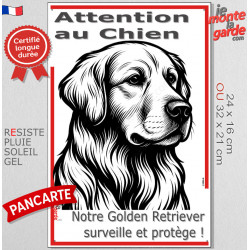Plaque portail verticale "Attention au Chien, notre Golden Retriever surveille et protège" dessin stylisé, résiste intempéries