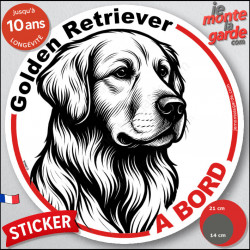 Golden Retriever, sticker autocollant rond "Chien à Bord" disque adhésif vitre voiture résiste intempéries