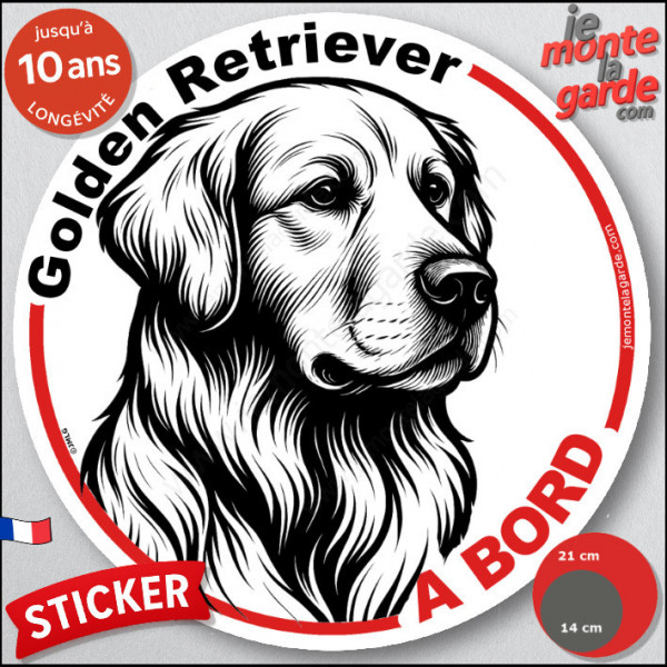 Golden Retriever, sticker autocollant rond "Chien à Bord" disque adhésif vitre voiture résiste intempéries