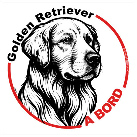 Golden Retriever, sticker autocollant rond "Chien à Bord" disque adhésif vitre voiture SEO sans calque