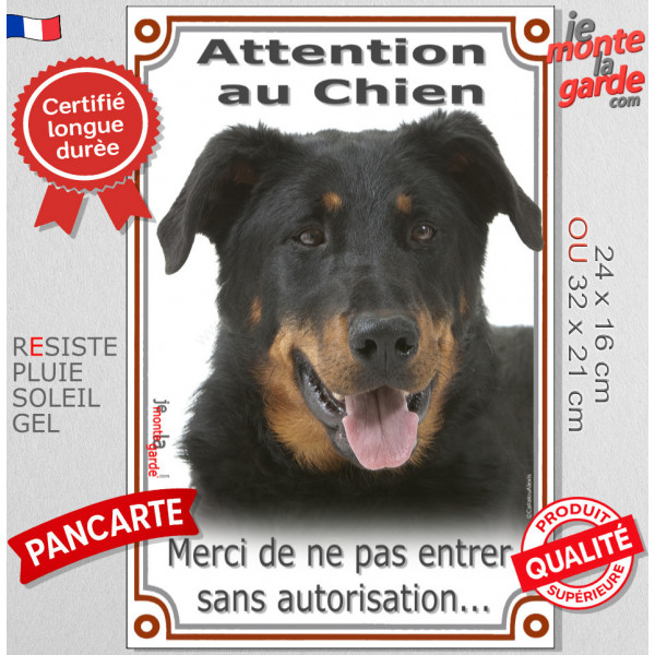 Beauceron noir et feu, plaque portail verticale "Attention au Chien, entrez pas sans autorisation" Berger de Beauce photo