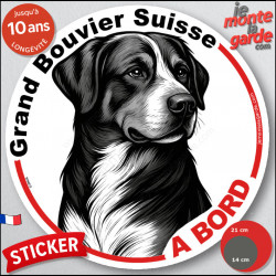 Grand Bouvier Suisse, sticker autocollant rond "Chien à Bord" disque adhésif vitre voiture résiste intempéries