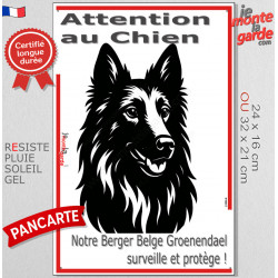 Plaque portail verticale "Attention au Chien, notre Berger Belge Groenendael surveille et protège" dessin stylisé noir et blanc
