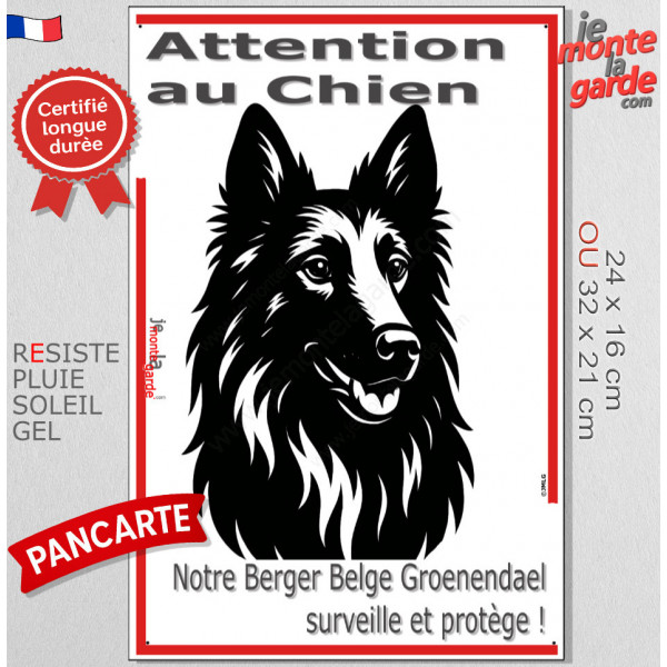 Plaque portail verticale "Attention au Chien, notre Berger Belge Groenendael surveille et protège" dessin stylisé noir et blanc