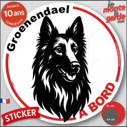 Berger Belge Groenendael, sticker autocollant rond "Chien à Bord" disque adhésif vitre voiture résiste intempéries