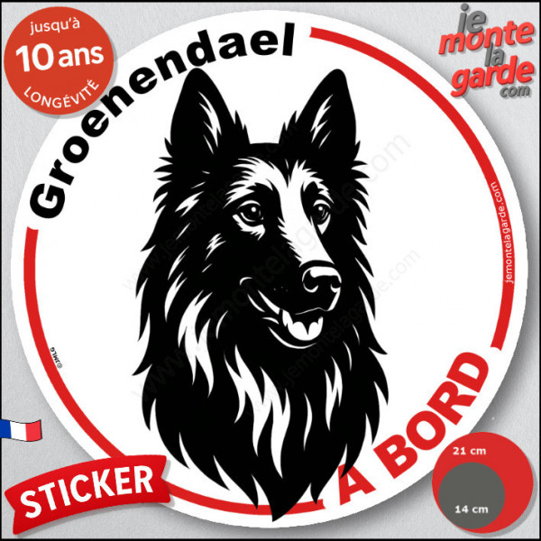 Berger Belge Groenendael, sticker autocollant rond "Chien à Bord" disque adhésif vitre voiture résiste intempéries