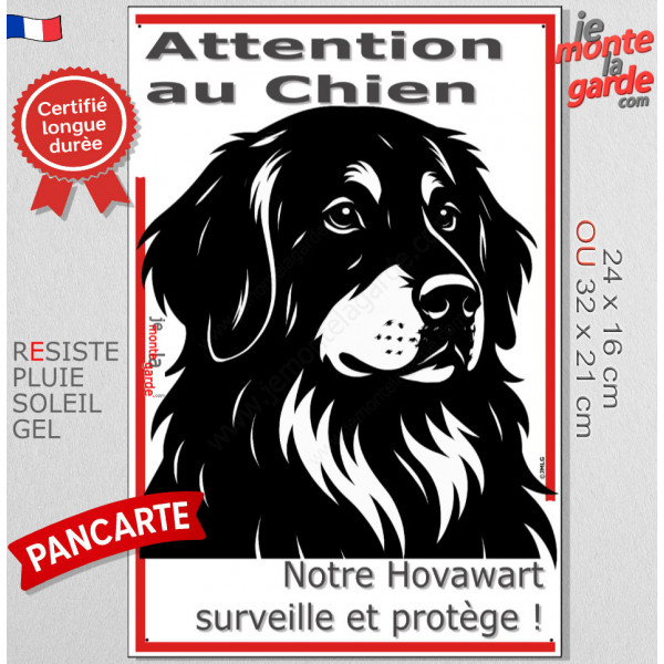 Plaque portail verticale "Attention au Chien, notre Hovawart surveille et protège" dessin stylisé noir et blanc, résiste soleil