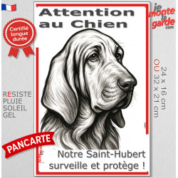 Plaque portail verticale "Attention au Chien, notre Saint-Hubert surveille et protège" dessin stylisé noir, résiste intempéries