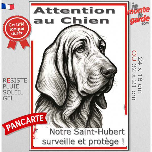 Plaque portail verticale "Attention au Chien, notre Saint-Hubert surveille et protège" dessin stylisé noir, résiste intempéries