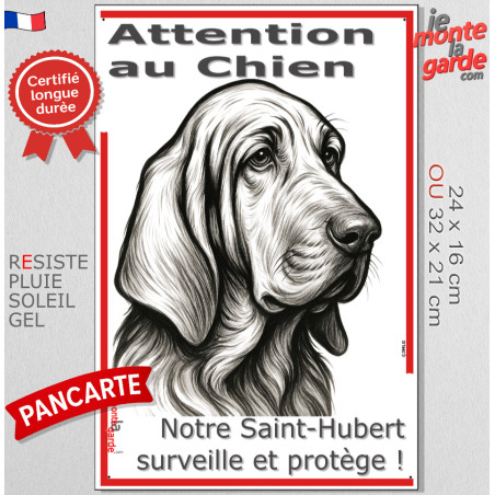 Plaque portail verticale "Attention au Chien, notre Saint-Hubert surveille et protège" dessin stylisé noir, résiste intempéries