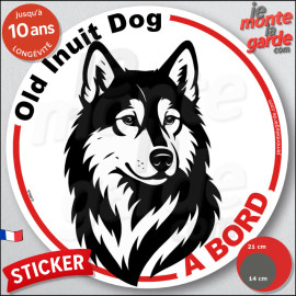 Old Inuit Dog du Nord, sticker autocollant rond "Chien à Bord" disque adhésif vitre voiture, résiste pluie soleil gel, idée cade