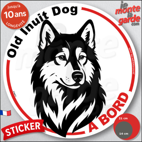 Old Inuit Dog du Nord, sticker autocollant rond "Chien à Bord" disque adhésif vitre voiture, résiste pluie soleil gel, idée cade