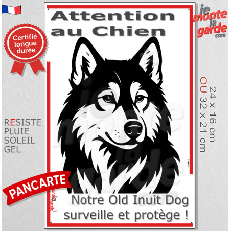 Plaque portail verticale "Attention au Chien, notre Old Inuit Dog surveille et protège" dessin stylisé, résiste intempéries