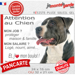 Amstaff noir, plaque extérieure humour "Attention au Chien, j'aime mon job, protéger Maison famille. Salaire, logé nourrit aimé