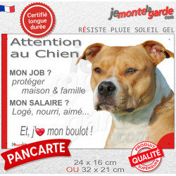 Amstaff fauve, plaque extérieure humour "Attention au Chien, j'aime mon job, protéger Maison famille. Salaire, logé nourrit aimé