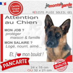 Berger Allemand poils courts, plaque humour "Attention au Chien, j'aime mon job, protéger Maison famille. Salaire, logé nourrit 